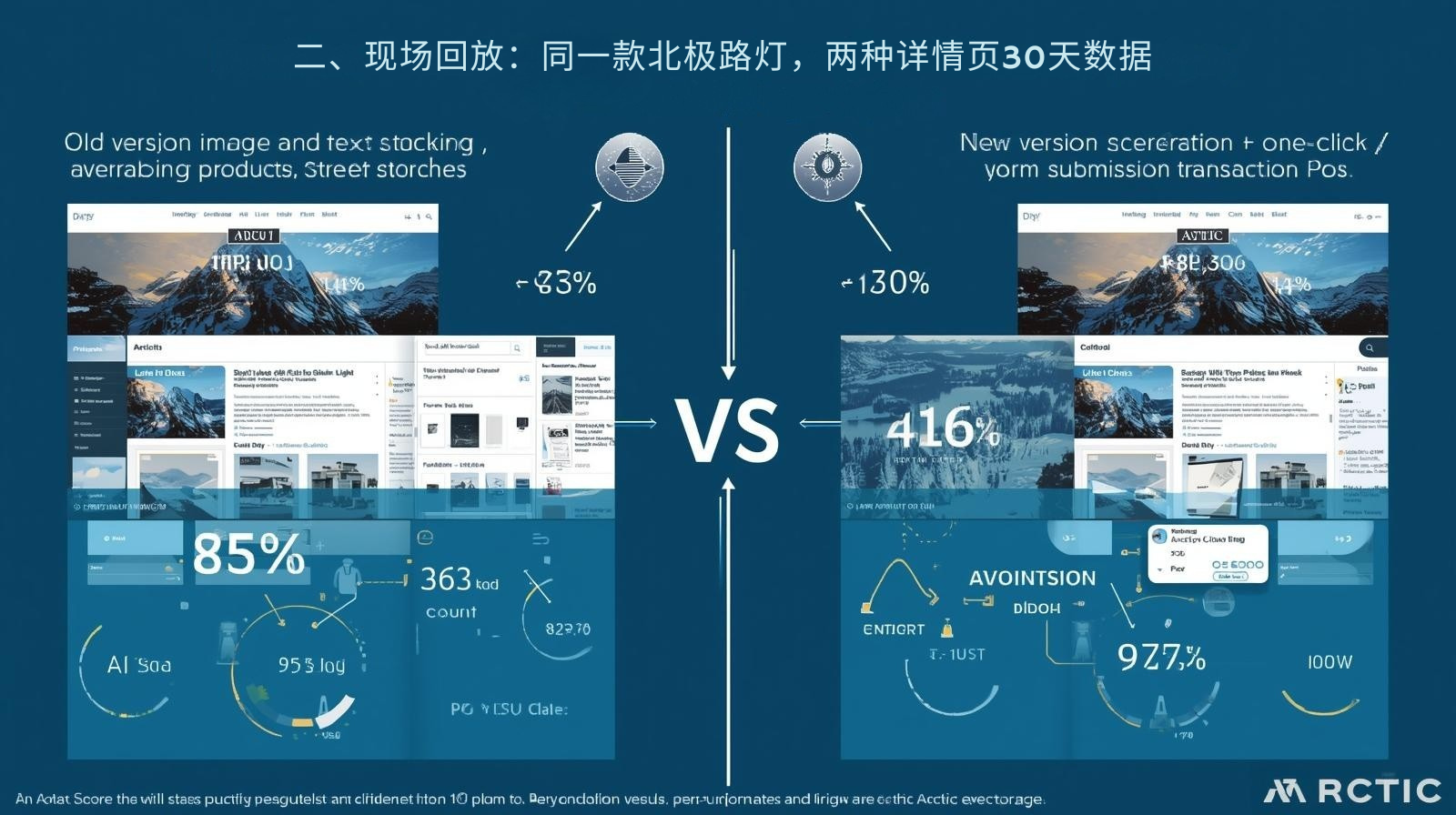 II. إعادة التشغيل في الموقع: نفس مصباح الشارع في القطب الشمالي، وصفحتان مختلفتان لتفاصيل المنتج تعرضان بيانات 30 يومًا.