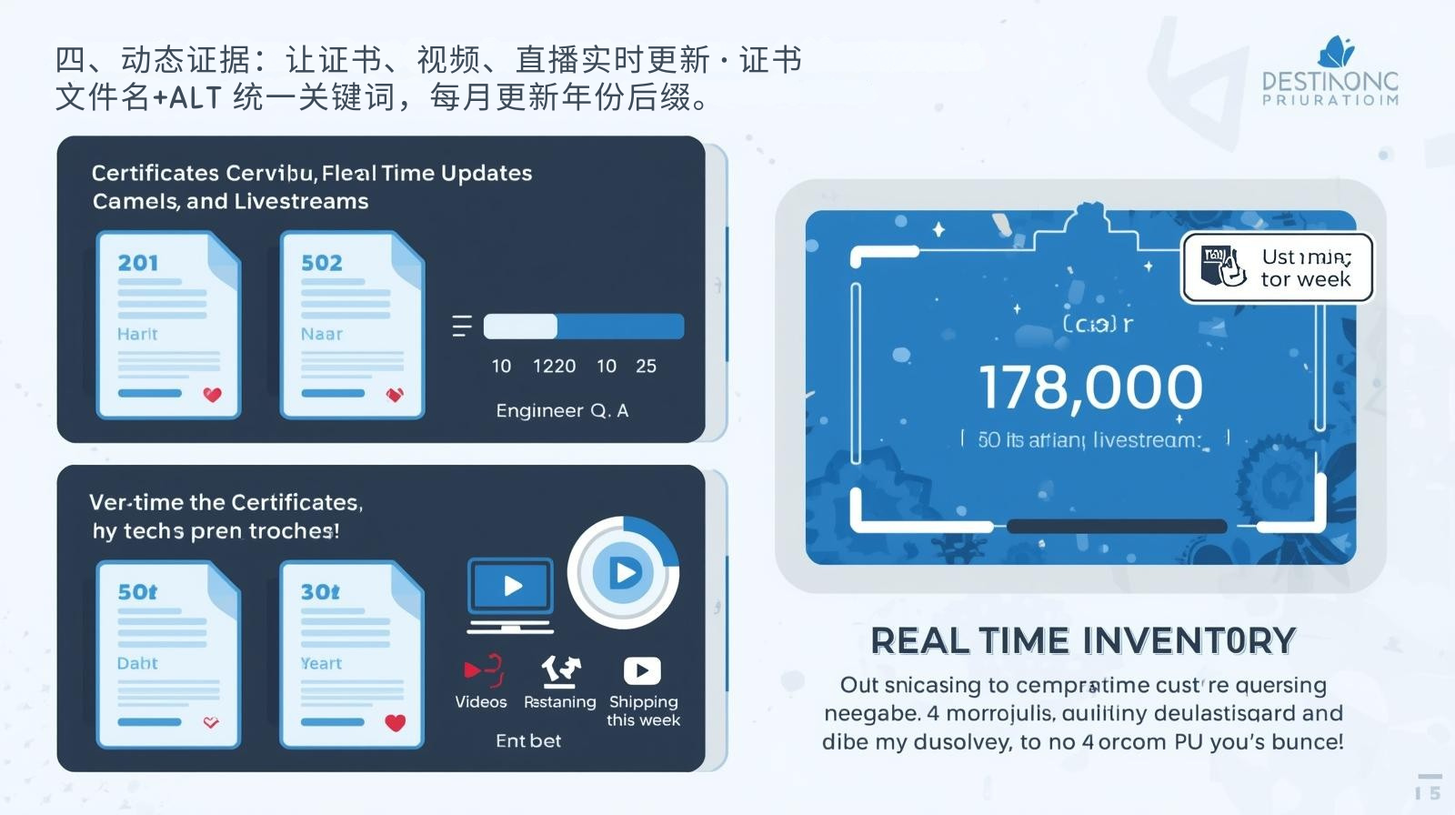 四、动态证据:让证书、视频、直播实时更新 • 证书:文件名+ALT 统一关键词,每月更新年份后缀。