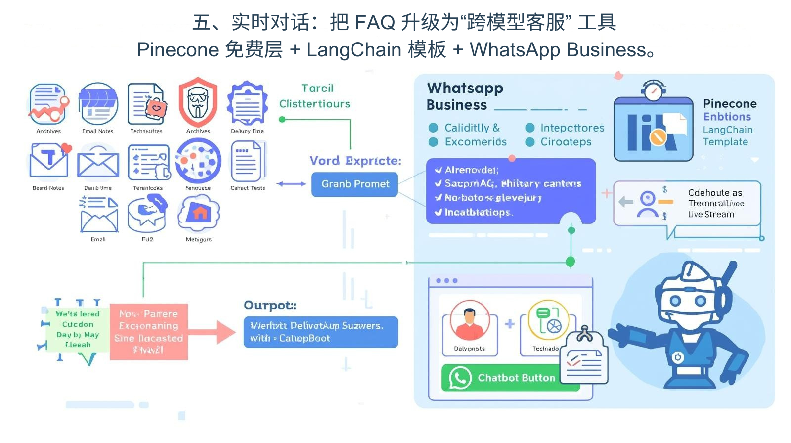 五、实时对话:把 FAQ 升级为“跨模型客服” 工具:Pinecone 免费层 + LangChain 模板 + WhatsApp Business。