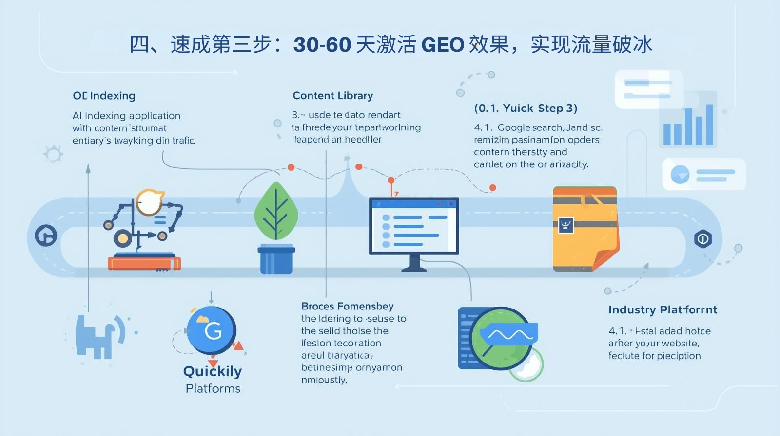 4 番目は、加速プログラムの第 3 ステップです。30 ～ 60 日以内に GEO 効果を活性化し、トラフィックをスムーズにします。