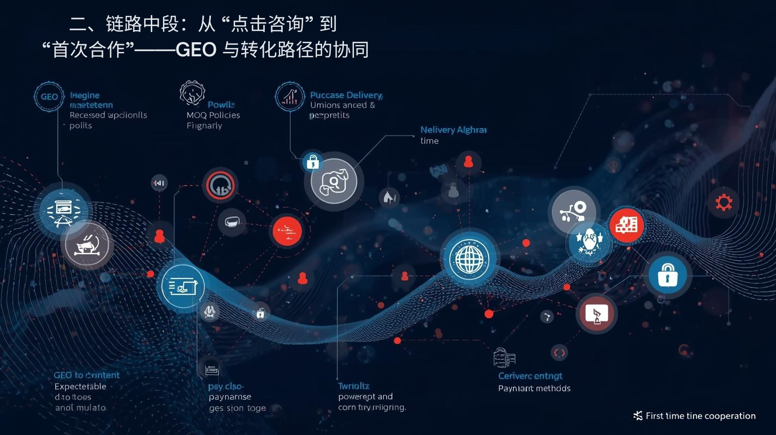 2. Средняя часть ссылки: от «Нажмите, чтобы проконсультироваться» и «первое сотрудничество» — сотрудничество между GEO и путем конверсии» width=