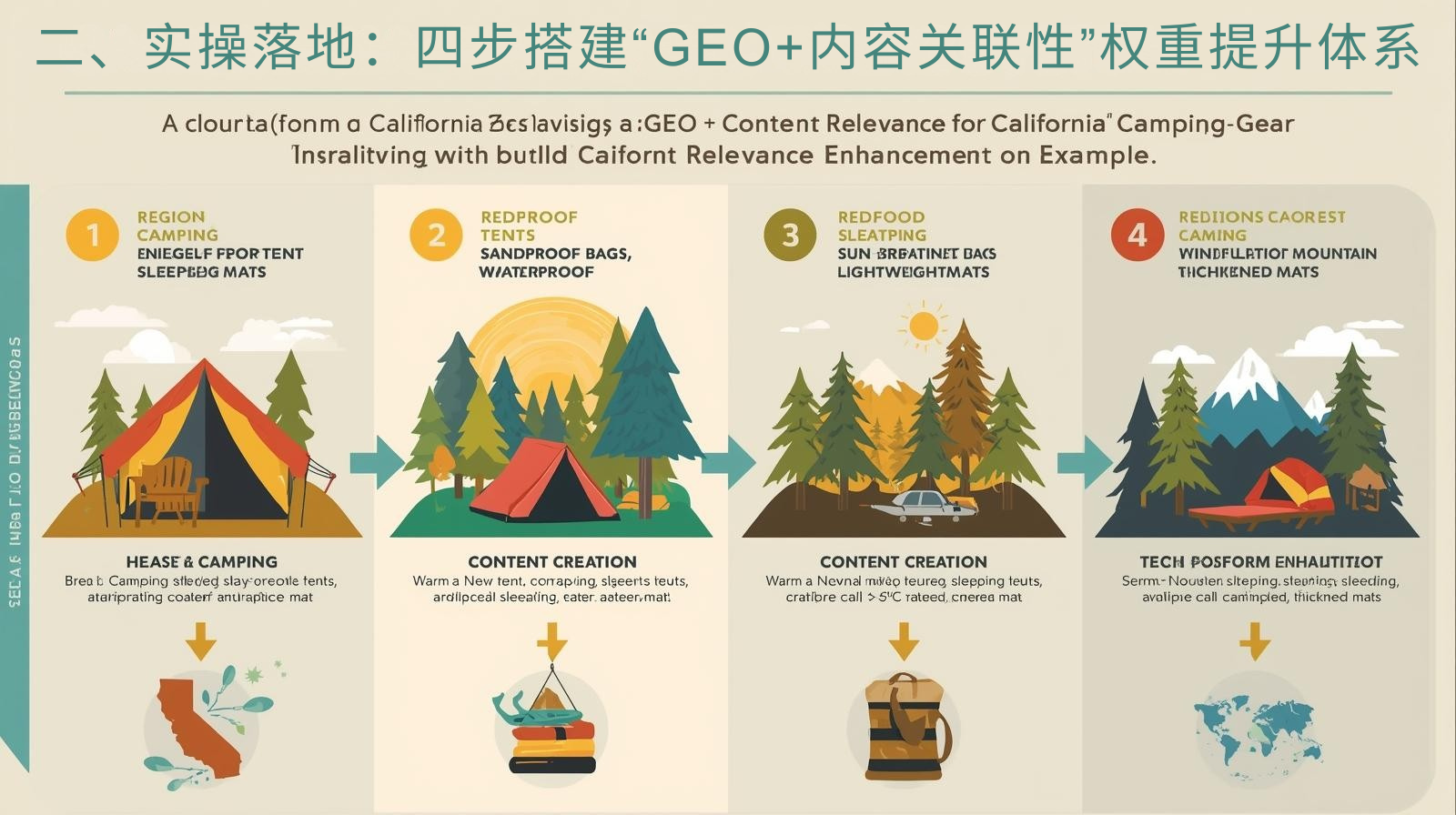 2. Практическая реализация: четыре шага для создания системы повышения веса «релевантности контента GEO+» (на примере кемпингового снаряжения в Калифорнии, США)» width=