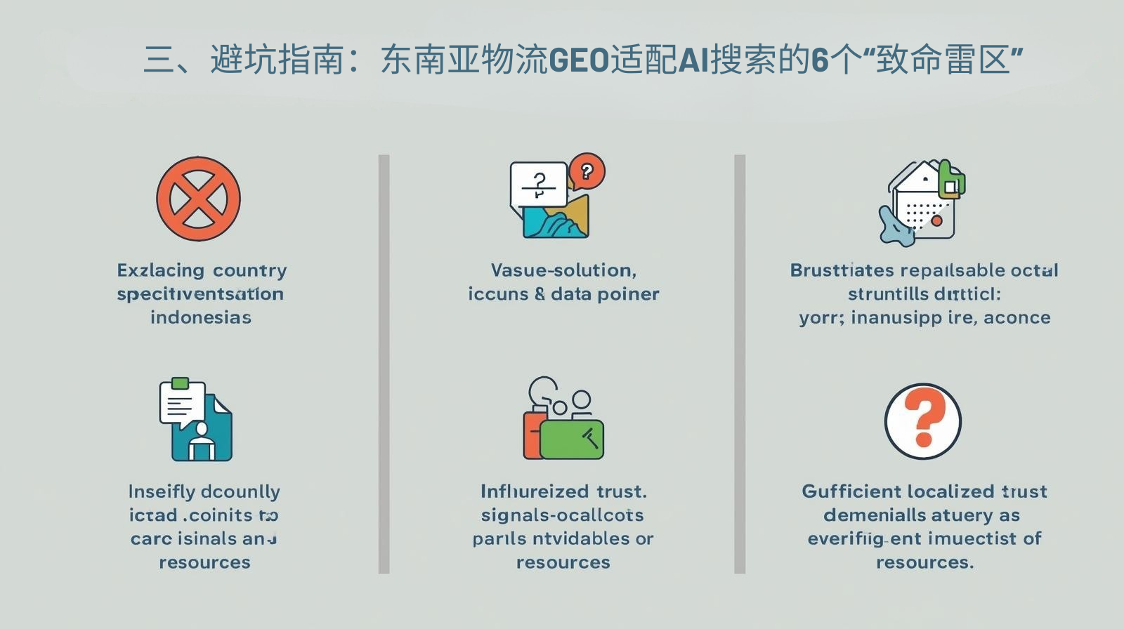 三、避坑指南：东南亚物流GEO适配AI搜索的6个&ldquo;致命雷区&rdquo;