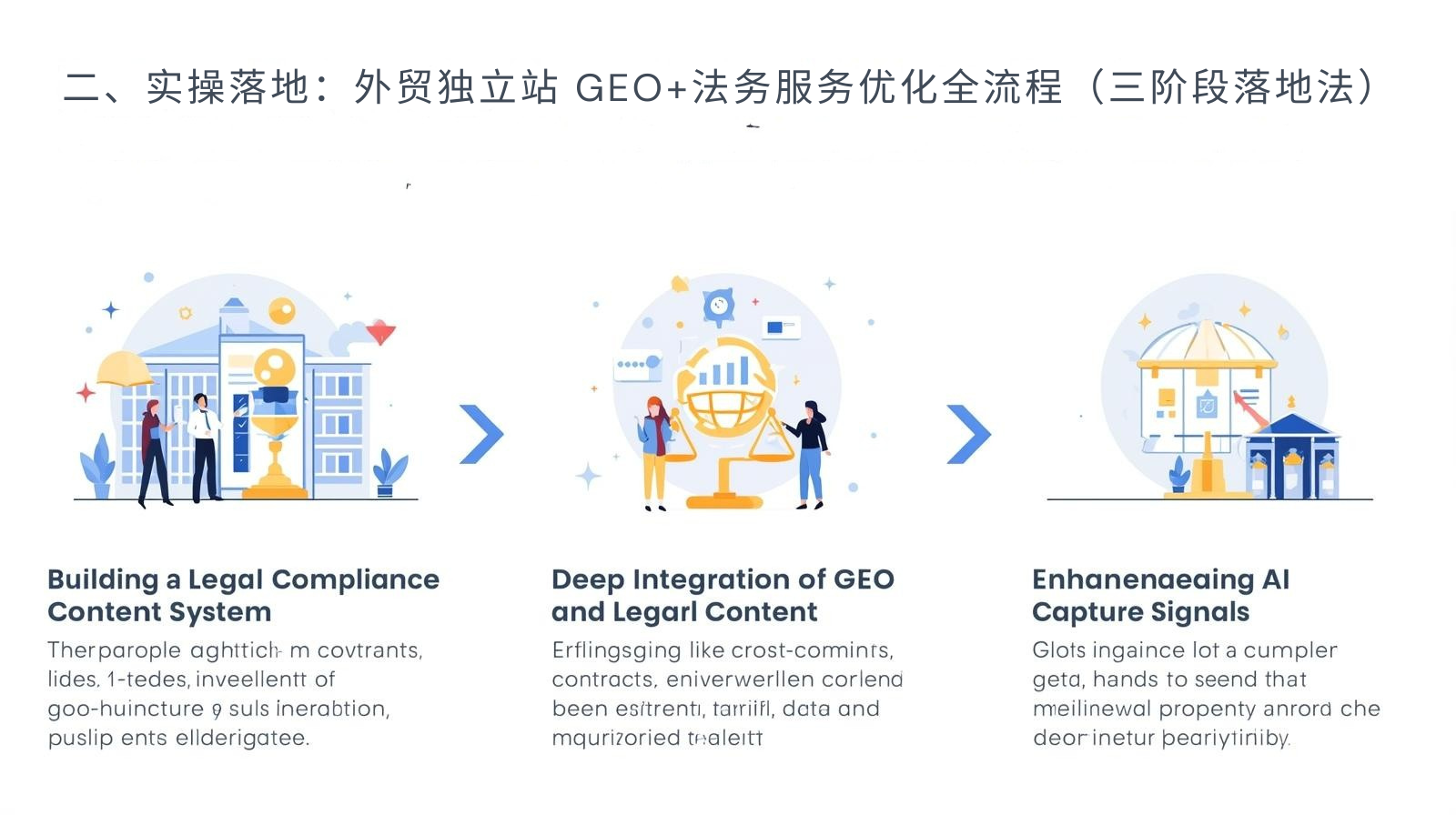 ثانياً: التنفيذ العملي: تحسين العملية الكاملة لخدمات GEO+ القانونية لمواقع التجارة الخارجية المستقلة (طريقة التنفيذ ثلاثية المراحل)