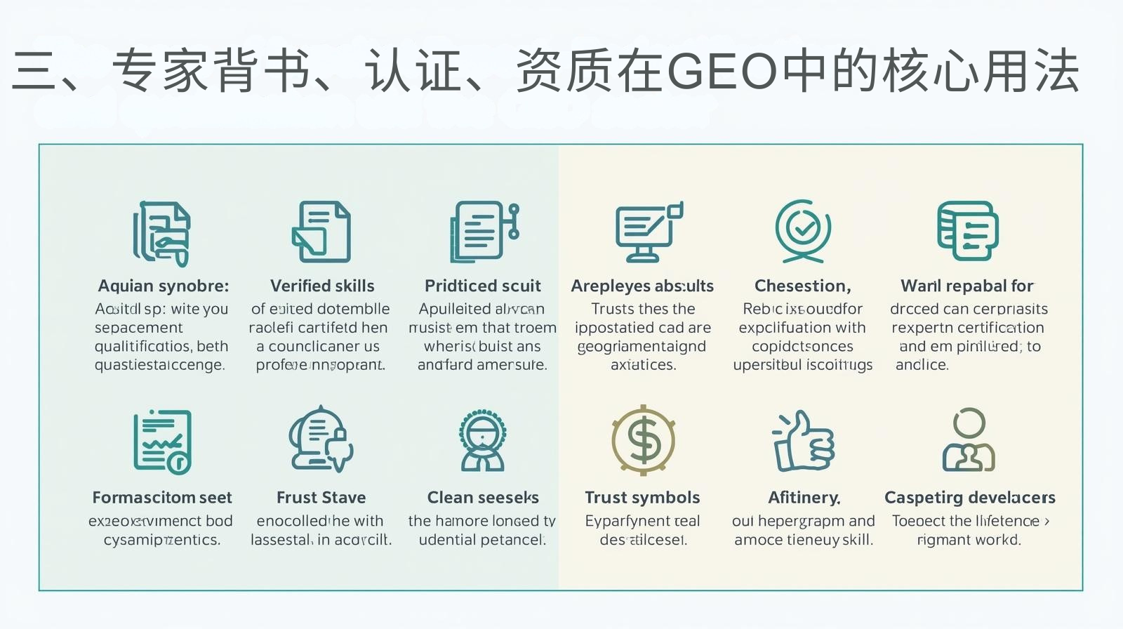 三、专家背书、认证、资质在GEO中的核心用法      出来的图片文字得清晰
