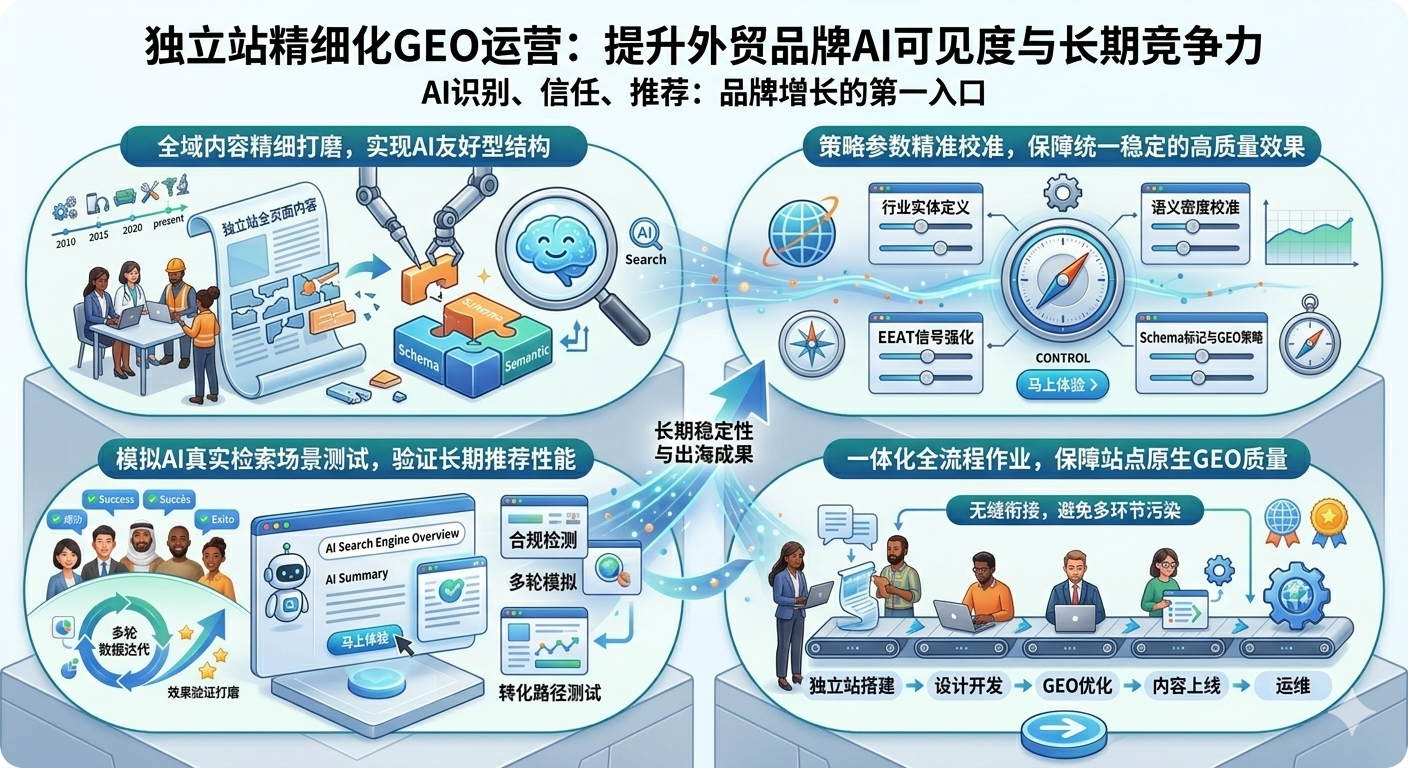 独立站精细化GEO运营如何提升外贸品牌的AI可见度与长期竞争力？ 对于AI搜索时代的外贸独立站而言，被AI识别、信任、推荐是品牌增长的第一入口，同时在面对海外AI规则、用户搜索习惯与长期内容迭代时的稳定性也不可或缺。内容一处结构瑕疵、权威缺失、语义偏差，都可能成为AI不读、不信、不推的隐患，直接导致用户流失、信任崩塌与流量断层。针对这一问题，我们打造了一套精细化GEO运营体系，采用专业数字化技术方案：  全域内容精细打磨，实现AI友好型结构  工艺：对独立站全页面内容进行长期严苛的AI检索测试与迭代优化。作用：消除内容非结构化、语义混乱、信息冗余等细节问题；通过专业GEO优化强化AI可读性与推荐权重。结果：内容清晰易解析，同时具备稳固的AI信任基底与流量获取壁垒。  策略参数精准校准，保障统一稳定的高质量效果  控制：根据行业类型、目标市场、产品特性校准实体定义、语义密度、EEAT信号、Schema标记与GEO策略。行动：依托实战数据确保AI识别效果、收录标准、推荐效率统一达标，同时保留站点功能精度。结果：保障批量页面与长期运营效果稳定可复制，满足海外AI检索与合规要求。  模拟AI真实检索场景测试，验证长期推荐性能  方法：对站点进行多轮AI检索模拟、概览生成测试、合规检测与用户体验测试，模拟长期海外AI运营中的各类挑战。行动：测试后通过数据指标评估站点稳定性，确保AI识别、内容推荐、转化路径持续达标。结果：为海外AI检索、概览曝光与长期稳定获客提供可验证的数据支持。  一体化全流程作业，保障站点原生GEO质量  顺序：从独立站搭建、设计开发直接衔接GEO优化、内容上线与运维，流程无缝衔接。行动：避免多环节交接导致的实体混乱、需求偏差与外部污染。结果：保障独立站底层架构干净稳定，实现可验证的高品质GEO建站成果。