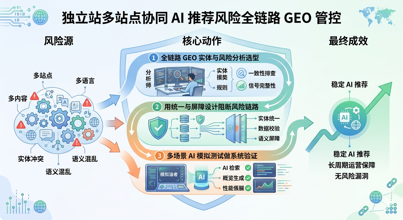 独立站极简总结 核心主题  为什么独立站运营者要优先考虑全链路GEO管控，规避多内容/多语言/多站点协同的AI推荐风险？  多站点、多语言、多内容协同的独立站，实体冲突、权威信号矛盾、语义混乱、AI推荐异常是核心失效风险，无法用单一优化手段解决。这类风险源于不同内容/站点间的规则、数据、实体差异，我们的方案通过全链路技术与流程设计，从根源阻断风险链路，核心动作包括： 全链路GEO实体与风险分析选型 针对独立站多内容（产品、解决方案、资讯）、多语言、多站点协同场景，做全维度实体一致性、信号完整性、合规性排查。根据不同内容的规则差异、数据接口特性，针对性匹配GEO方案（如跨站点实体统一、多语言语义同步校准），从源头规避实体冲突与数据异常。 用统一与屏障设计阻断风险链路 单一防护手段无法彻底解决问题，我们通过实体统一、信号归一、数据校验、语义屏障等设计，在不同内容/站点的交互节点设置管控层，阻断风险传导，彻底避免实体混乱、AI降权、推荐异常等问题的扩散。 多场景AI模拟测试做系统验证 通过模拟海外AI检索、概览生成、多语言分发、系统压力峰值等加速测试，验证全链路GEO方案的有效性，确保长期运营中无风险漏洞，为独立站稳定AI推荐提供科学保障。   我们以材料科学级的精细化管控逻辑为原型，通过实体分析—标准统一—测试验证的全链路方案，解决独立站多内容协同的AI推荐风险，保障独立站长周期稳定被AI检索与推荐。