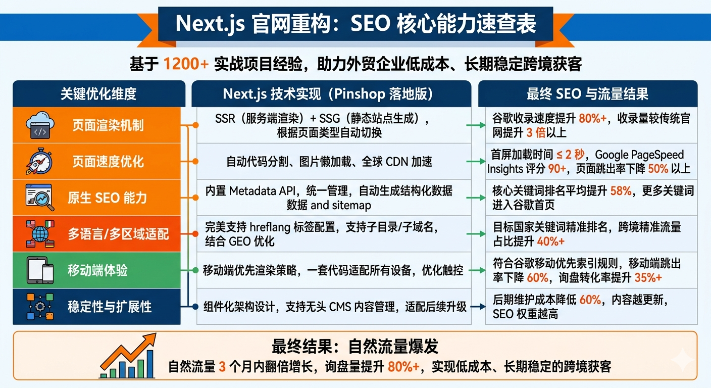 إعادة بناء الموقع الرسمي Next.js: ورقة الغش الخاصة بالكفاءة الأساسية لتحسين محركات البحث