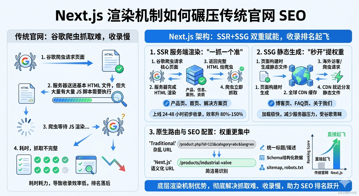 كيف يسحق Next.js مُحسّنات محرّكات البحث للموقع الرسمي التقليدي من آلية العرض؟ الفرضية الأولى لتحسين محركات البحث هي أن برامج زحف Google يمكنها الزحف بسهولة وبشكل كامل وسريع إلى المحتوى الأساسي للصفحة. السبب الأساسي وراء صعوبة تضمين مواقع الويب الرسمية التقليدية والحصول على تصنيفات منخفضة هو أن آلية العرض متخلفة ولا يمكنها تلبية احتياجات الزحف لبرامج زحف Google. لقد غيرت بنية Next.js طريقة العرض بشكل أساسي. من خلال وضع العرض المزدوج SSR + SSG، حققت نجاحًا كبيرًا بين الأجيال على الموقع الرسمي التقليدي، مما سمح لبرامج زحف Google 