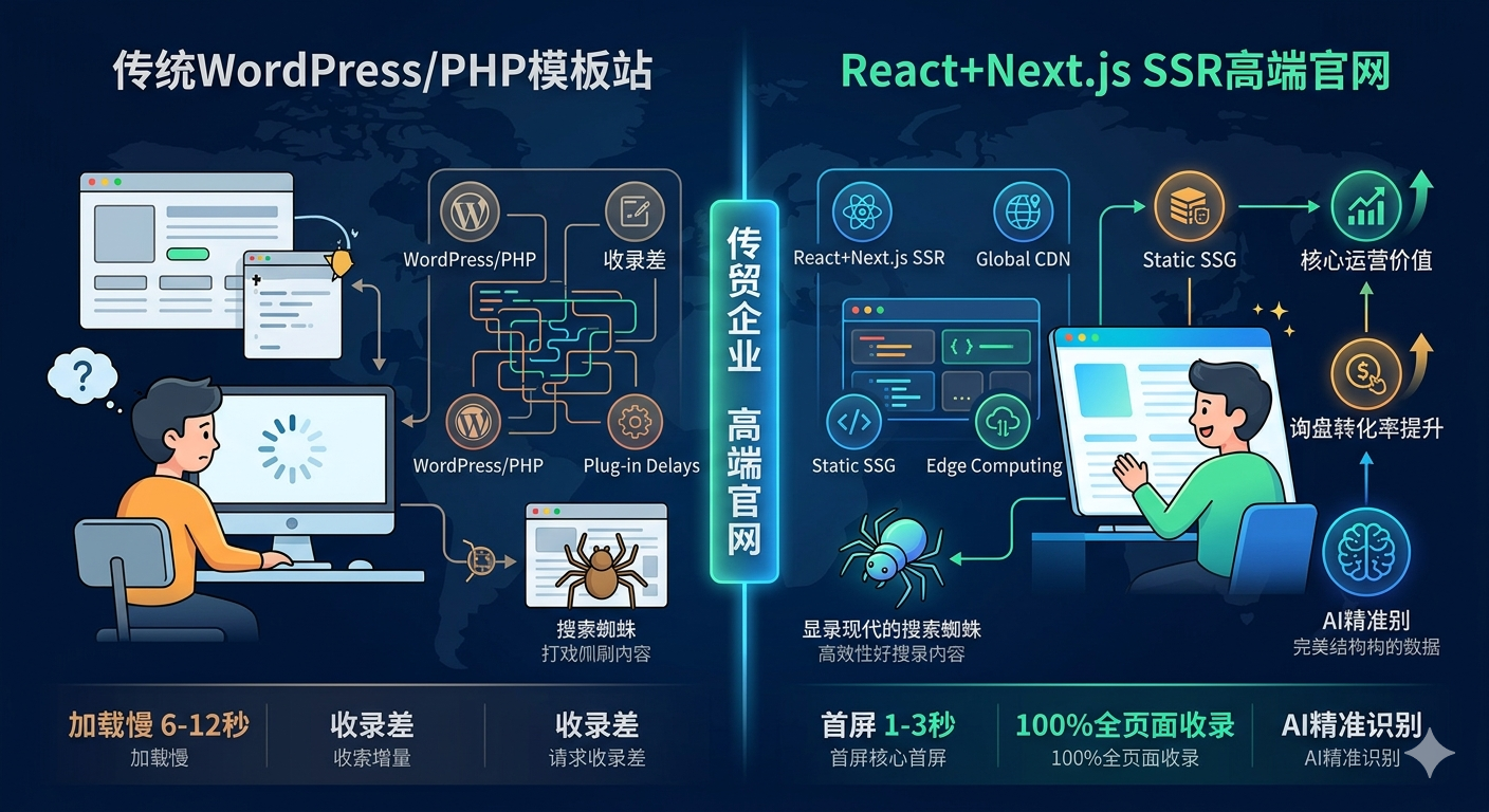 React+Next.js SSR架构 VS 传统官网：核心性能差距全景解析