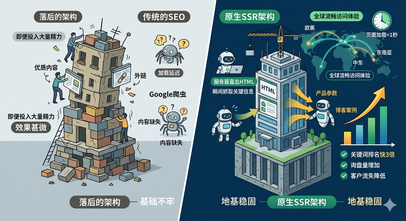 为什么原生SSR架构能吊打传统SEO逻辑，成为外贸建站首选？
