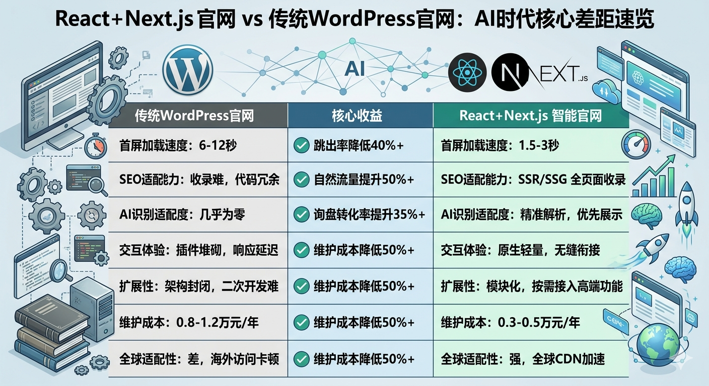 React+Next.js 官网 vs 传统WordPress官网：AI时代核心差距速览
