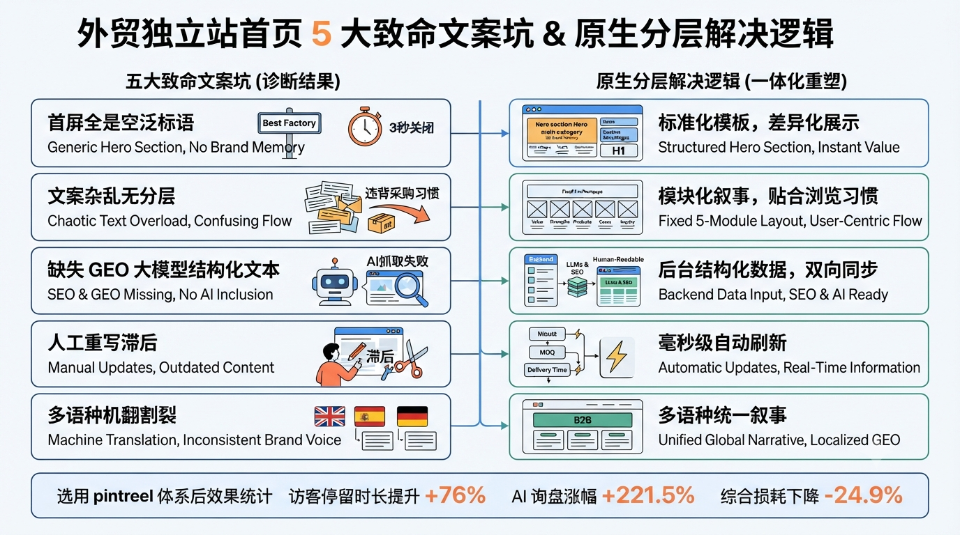 二、外贸独立站首页 5 大致命文案坑 & 原生分层解决逻辑